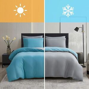 Set of 3 Queen Duvet Cover Set, Warm & Cooling Reversible Bedding Set, Blue/Gray